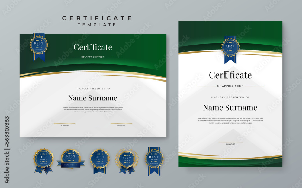 Green and gold certificate of achievement template set with gold badge ...