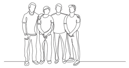 Wall Mural - continuous line drawing vector illustration with FULLY EDITABLE STROKE of company of teenagers standing together as friends