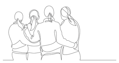 Wall Mural - continuous line drawing vector illustration with FULLY EDITABLE STROKE of four female friends standing together watching sunset