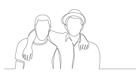 Wall Mural - continuous line drawing vector illustration with FULLY EDITABLE STROKE of two hugging friends standing together