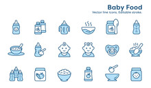 Baby Food Outline Icons, Such As Milk, Jar, Powder, Bottle And More. Editable Stroke.