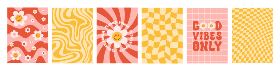 retro groovy set backgrounds in style 60s, 70s. flower power. good vibes only. trendy vector illustr