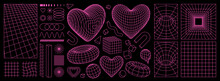 Geometry Wireframe Shapes And Grids In Neon Pink Color. 3D Hearts, Abstract Backgrounds, Patterns, Cyberpunk Elements In Trendy Psychedelic Rave Style. 00s Y2k Retro Futuristic Aesthetic.