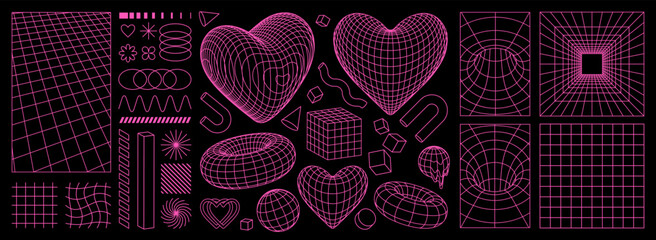 Wall Mural - Geometry wireframe shapes and grids in neon pink color. 3D hearts, abstract backgrounds, patterns, cyberpunk elements in trendy psychedelic rave style. 00s Y2k retro futuristic aesthetic.