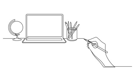 Poster - continuous line drawing vector illustration with FULLY EDITABLE STROKE of business concept sketch of globe laptop computer and pencils