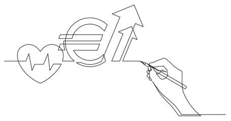 Sticker - continuous line drawing vector illustration with FULLY EDITABLE STROKE of business concept sketch of rising cost of heart health in euro