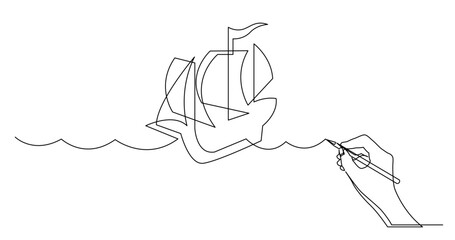 Wall Mural - continuous line drawing vector illustration with FULLY EDITABLE STROKE of business concept sketch of tall ship sailing on sea