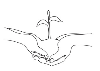 Poster - continuous line drawing vector illustration with fully editable stroke of hand holding growing plant