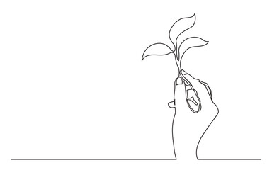 Poster - continuous line drawing vector illustration with fully editable stroke of hand holding growing plant