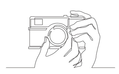 Poster - continuous line drawing vector illustration with FULLY EDITABLE STROKE of hand holding photo camera making pictures