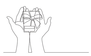 Fototapete - continuous line drawing vector illustration with FULLY EDITABLE STROKE of two hands holding gift box with ribbon
