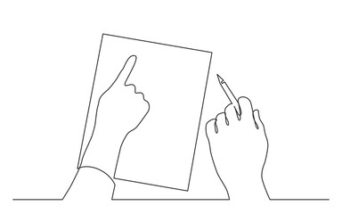 Poster - continuous line drawing vector illustration with fully editable stroke of two hands pointing at blan