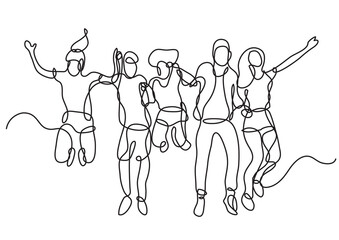 Canvas Print - continuous line drawing vector illustration with FULLY EDITABLE STROKE of happy group students jumping