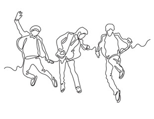 Canvas Print - continuous line drawing vector illustration with FULLY EDITABLE STROKE of jumping happy young men