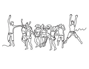 Wall Mural - continuous line drawing vector illustration with FULLY EDITABLE STROKE of large group happy jumping people