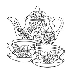 Vector coloring book page for adult. Black and white illustration of Tea service with an elegant floral ornament. Cup and teapot