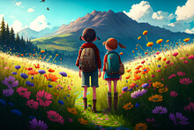 Two Kids Explore The Beauty Of Nature On The Flower Meadow During Hiking.  Realistic Vector Illustration Style. Generative AI