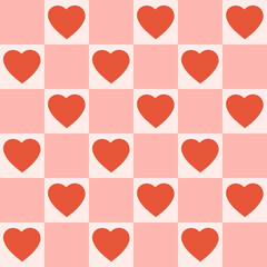 Aufkleber - Monochrome seamless pattern with hearts on a checkered background. Modern retro illustration for decoration. Aesthetic vector print in style 60s, 70s.