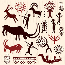 Set With Prehistoric Rock Painting Petroglyphs Depicting Human And Animal. Cave Art With Ancient Wild Animal, Hunter And Ornament. Palaeolithic Petroglyphs With Hunting Scene. Vector Illustration EPS8