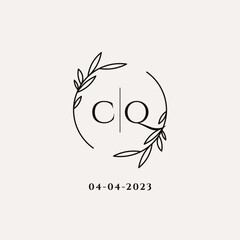 Letter CQ wedding monogram logo design with simple natural circle leaf frame