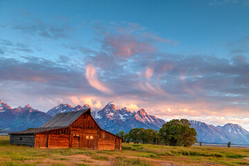 Mormon Row barn in Grand Teton National Park at dawn