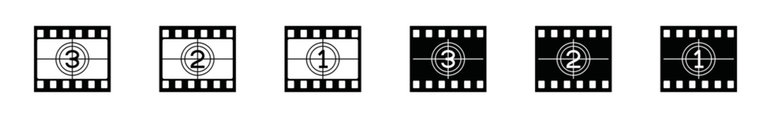 cinema countdown icons set. movie and video countdown icon symbol in the film strips with outline an