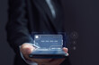Businessman is using electronic credit card on mobile on virtual screen. The concept of using virtual credit cards in business and online commerce.