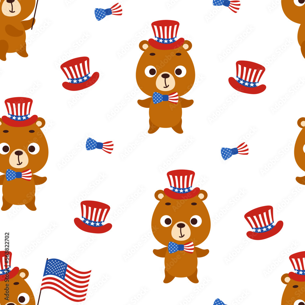 Cute little bear in USA patriotic hat seamless childish pattern. Funny ...