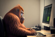A fat Orangutan is sitting at the office table in front of a computer. Sedentary lifestyle concept, generative ai