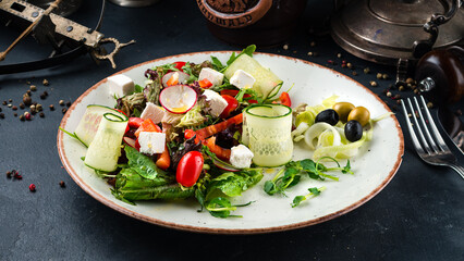 Poster - Greek salad of fresh cucumber, tomato, sweet pepper, lettuce, red onion, feta cheese and olives.