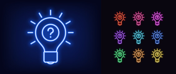 Poster - Outline neon idea lamp icon set. Glowing neon lamp frame with question mark, find idea. Inspiration search, creative problem solution, quest and puzzle, questionnaire and quiz.