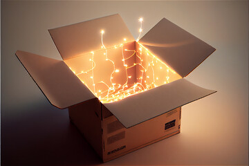 Wall Mural - Light coming out of an open cardboard box with a surprise and magical feel, generative AI