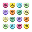 Conversation heart Anti Valentines Day colorful candy sweets love words of anti love collection concept icon vector isolated on white background