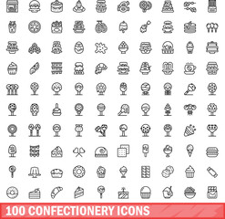 Poster - 100 confectionery icons set. Outline illustration of 100 confectionery icons vector set isolated on white background