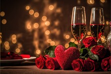 Valentine Day Celebration With Teddy Gift, Chocolates, Champagne, Red Roses, With Bokeh Backgeround. Bokeh. Generative AI