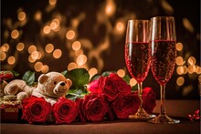 Valentine Day Celebration With Teddy Gift, Chocolates, Champagne, Red Roses, With Bokeh Backgeround. Bokeh. Generative AI
