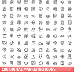 Sticker - 100 digital marketing icons set. Outline illustration of 100 digital marketing icons vector set isolated on white background