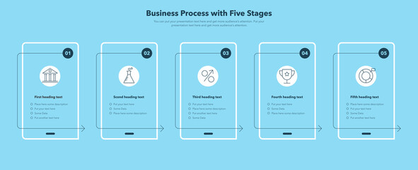 Poster - Simple infographic for business process - blue version. Creative diagram divided into five stages.