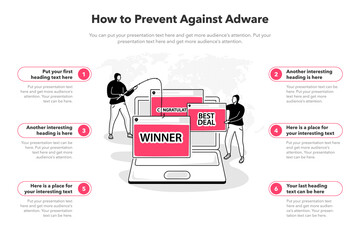 Leinwandbilder - Simple infographic template for how to prevent against adware. 6 stages template with a laptop and and popup advertising windows as a main symbol.
