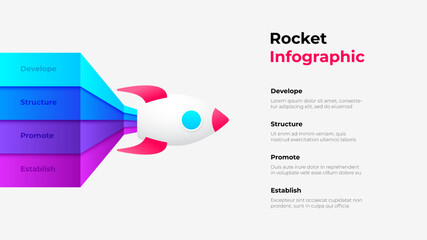 Poster - Concept of 4 steps to start work project. Infographic design template. Rocket illustration