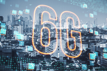 Aufkleber - Creative glowing 6g hologram on blurry city background. 5G network concept, high speed mobile internet, new generation networks. Mixed media. Double exposure.