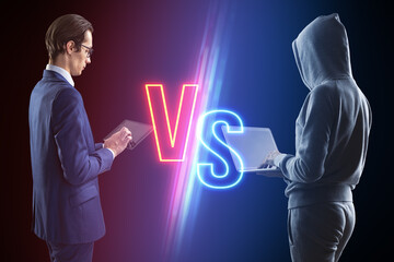 Hacker with laptop versus businessman with tablet on blurry dark neon background. Competition, battle and macth concept.