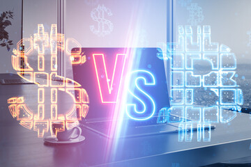 Poster - Glowing dollar hologram versus bitcoin on blurry laptop workplace background. Competition, battle and macth concept. Double exposure.