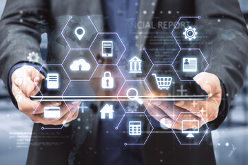 Poster - Cloud technology and financial analysis concept with digital social icons on man body background with digital tablet, double exposure