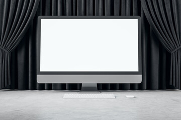 Poster - Empty white mock up computer monitor, black curtains and concrete flooring. Cinema, stage and theater. 3D Rendering.