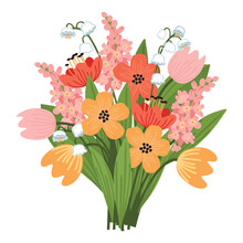 Colorful Bouquet Of Spring Flowers. Tulips And Hyacinth. Red, Pink, Yellow And Green Colors.Vector Floral Clip Art On White Background.Print On Fabric And Paper.Hand Drawn Isolated Illustration.