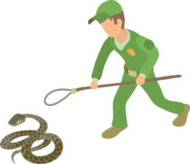 Common anaconda icon isometric vector. Man in green uniform near big anaconda. Reptile capture, herpetology