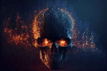 Skull shape, surrounded abstract glowing particles. Generative art