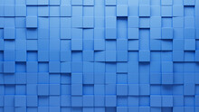 Semigloss, Futuristic Mosaic Tiles Arranged In The Shape Of A Wall. Square, Blue, Blocks Stacked To Create A 3D Block Background. 3D Render