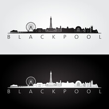 Blackpool Skyline And Landmarks Silhouette, Black And White Design, Vector Illustration.